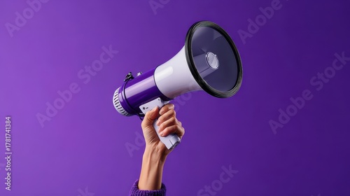 Bright purple megaphone held high in a hand against a vibrant purple background during an energetic rally