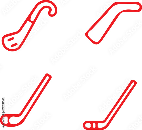 Hockey Stick Outline Icon Set in Red Line Style – Field and Ice Hockey Equipment Symbols