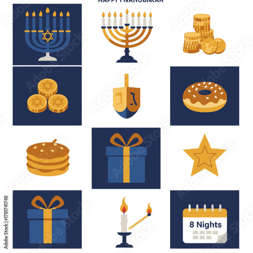A vector illustration showcasing various Hanukkah symbols, including menorahs, gelt, dreidel, donuts, pancakes, gifts, and a star, perfect for holiday designs.