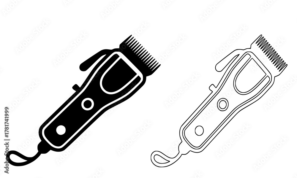 Obraz premium Vector Illustration of Hair Clipper Icon in Solid Silhouette and Line Art Style, Professional Barbershop Tool, Haircut Grooming Equipment, Black and White Monochromatic Design