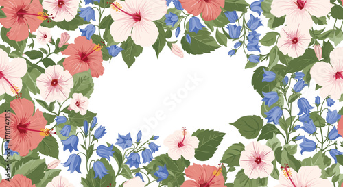 Vibrant floral frame illustration with pink and coral hibiscus flowers, bright blue bellflowers, and green leaves, elegantly bordering a central white copy space.
