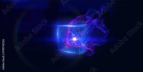 Abstract 3D data array and flowing particles forming a geometric cube on a luminous blue background. Concept of big data visualization, network connection, technology, and future science.