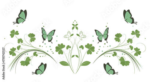 Elegant illustration featuring green butterflies, shamrocks, and swirling vines in a symmetrical arrangement.