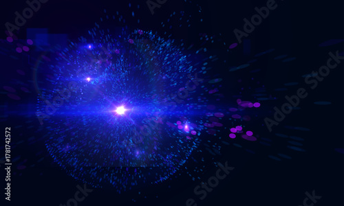 Description: Abstract 3D data array and flowing particles forming a geometric cube on a luminous blue background. Concept of big data visualization, network connection, technology, and future science.