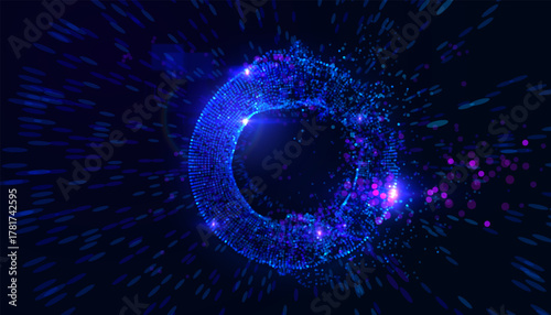 Glowing circular portal frame of shining data particles in space. Abstract concept represents data gateway, blockchain network, AI connection point, futuristic tunnel. Perfect for tech presentations