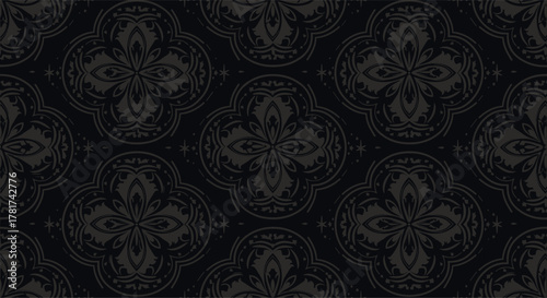 Elegant dark gothic seamless pattern with ornate quatrefoil motifs and subtle starry details on a distressed background.
