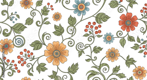 Ornate seamless floral pattern with delicate orange and blue flowers, green swirling vines, and clusters of red berries on a crisp white backdrop.