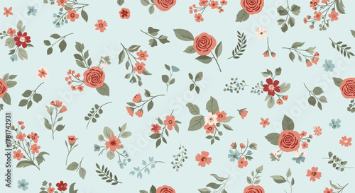 A delightful seamless floral pattern with scattered coral and red flowers, green leaves, and blue accents on a pastel blue background, suitable for spring and summer designs.