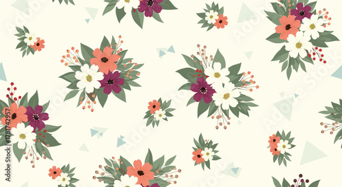 Seamless floral pattern with bouquets of white, orange, and purple flowers, green leaves, and red berries, on a cream background with blue triangles.