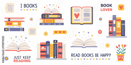 Collection of charming flat illustrations celebrating reading books and the joy of being a book lover with decorative elements