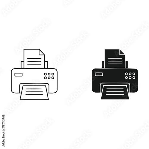 Printer Icon: A simple yet informative vector icon of a printer, perfectly rendered in both line art and filled versions, symbolizing the essence of print technology. 