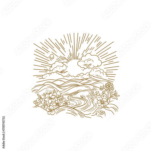 vintage-style line art illustration depicting a serene summer landscape with a stylized river flowing through rolling hills, surrounded by beautiful wild flowers, with a sunburst
