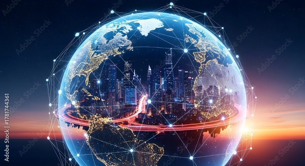 Fototapeta premium Glowing digital earth with interconnected global network of lights and data streams at sunset