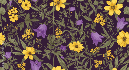 Seamless botanical pattern with vibrant yellow and purple wildflowers and lush green leaves on a dark background.