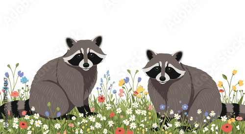 Two adorable raccoons with characteristic black masks sit attentively among a vibrant array of colorful wildflowers and green grass.