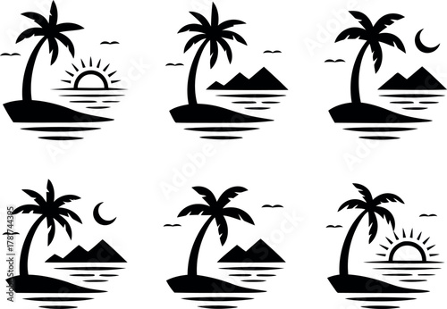 Six black silhouette icons of tropical islands with palm trees and sun or moon beach