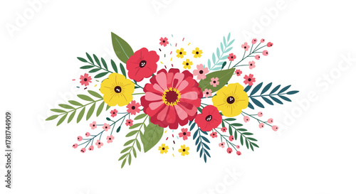 A bright and lively illustration of a floral arrangement featuring red, pink, and yellow blossoms amidst green leaves and tiny blooms.