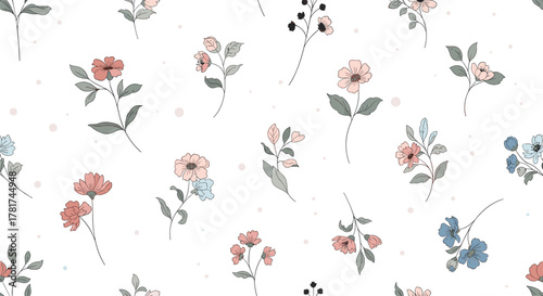 A delightful seamless pattern featuring delicate hand-drawn flowers and tiny dots in soft pastel hues, perfect for various design projects.