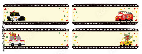 set cute blank empty christmas xmas kids name sticker label tag with community transportation traffic cars vehicle design for gift party crayon doodle watercolor illustration clipart