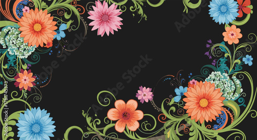 Vibrant floral frame featuring various colorful blooming flowers and ornate green foliage on a sophisticated black background.