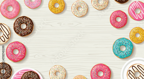 A vibrant array of colorful glazed donuts with sprinkles, artfully arranged on a light wooden background, creating a cheerful sweet food frame with ample copy space.