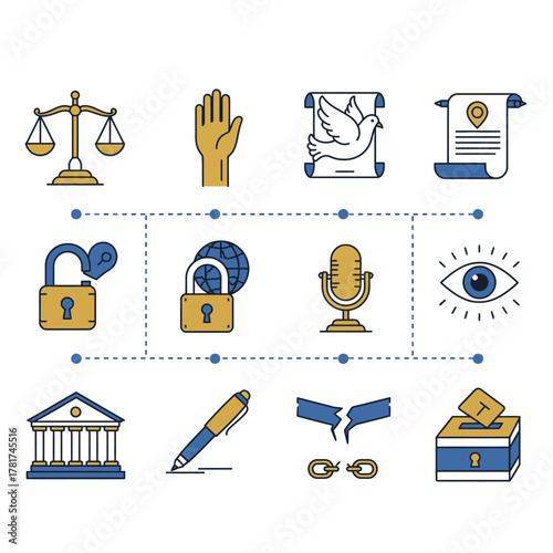 A comprehensive collection of line icons illustrating fundamental human rights, civil liberties, and the pursuit of justice and freedom in modern society.