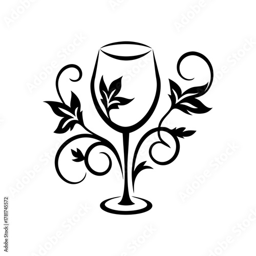 Elegant line icon of a wine glass surrounded by fine vine leaves — a symbol of refinement, French culture, and the art of wine.