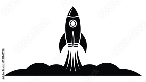 black and white silhouette of rocket launch with smoke and thrust, minimalist illustration symbolizing innovation, space, technology