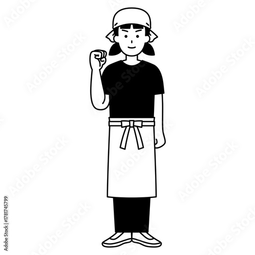 ガッツポーズをする居酒屋の女性店員（全身）