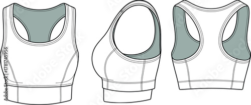 CAD drawing flat vector sports bra illustration, front view, side view, back view, racerback design, fashion garment technical sketch