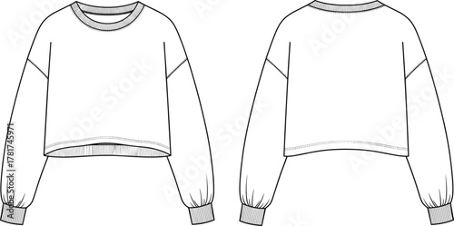 Cad drawing flat vector, technical fashion illustration, cropped sweatshirt design, crew neckline, balloon sleeves, ribbed cuffs hem, apparel sketch, clothing template