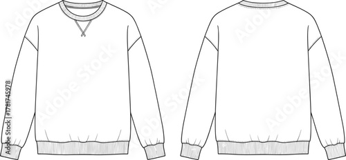Cad drawing flat vector, technical fashion illustration, crewneck sweatshirt design, ribbed neckline cuffs hem, apparel sketch, clothing template, garment line art