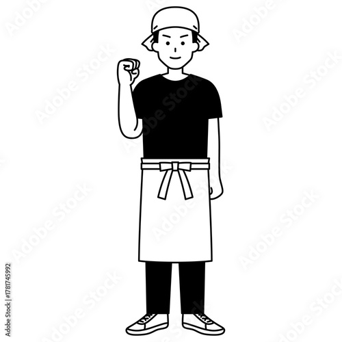 ガッツポーズをする居酒屋の男性店員（全身）