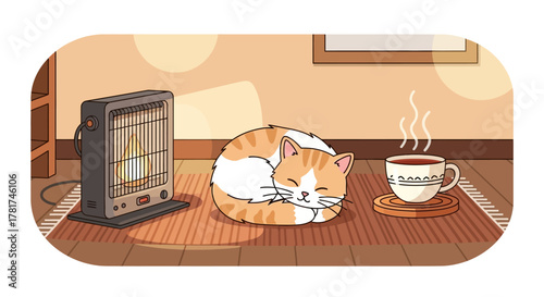 Cute orange and cat sleeping peacefully on rug next to heater and steaming cup coffee, creating cozy and warm atmosphere
