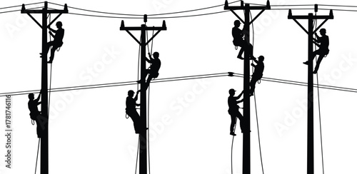 Cad drawing flat vector, technical industry illustration, utility pole workers silhouette, electrical line maintenance, power infrastructure repair, construction sketch, teamwork design template