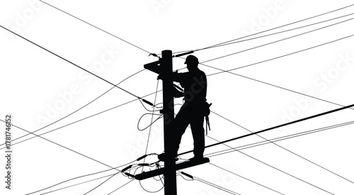  Cad drawing flat vector, technical industry illustration, utility worker silhouette, electrical pole maintenance, communication wires repair, construction sketch, infrastructure design template