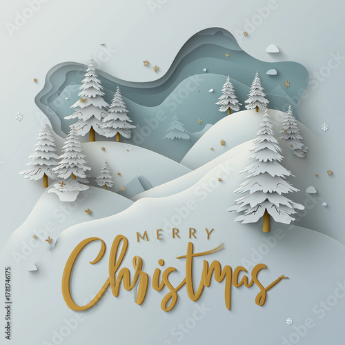 Winter Christmas composition in layered paper cut style with snowy hills, pine trees, and golden "Merry Christmas" lettering. Elegant festive vector design with soft gradient background.