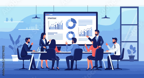 Business meeting in progress with diverse professionals gathered around table, analyzing charts and graphs on large screen, symbolizing teamwork and strategy