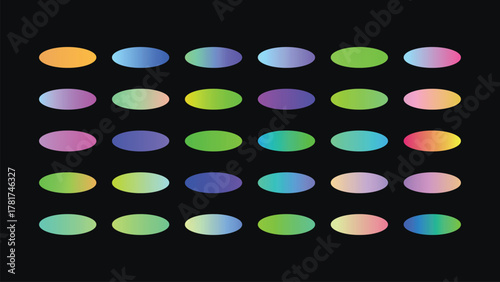 Abstract background with colorful gradient ovals arranged in rows on a dark backdrop for graphic design