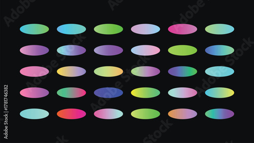 Abstract background with colorful gradient ovals arranged in rows on a dark backdrop for graphic design