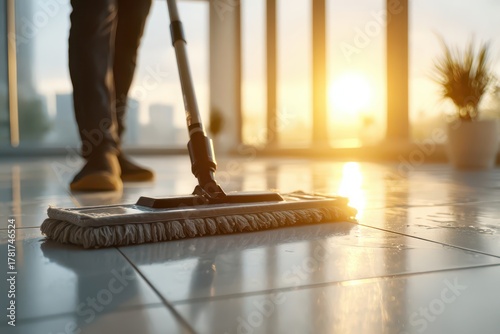 Wallpaper Mural A close-up shot of a mop cleaning a tiled floor during sunrise, showing dedication to cleanliness and hygiene in a modern, sunlit environment. Torontodigital.ca