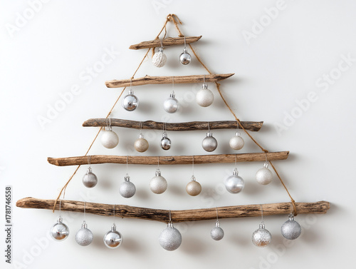 Wooden branch Christmas tree decorated with minimal silver ornaments, white background.