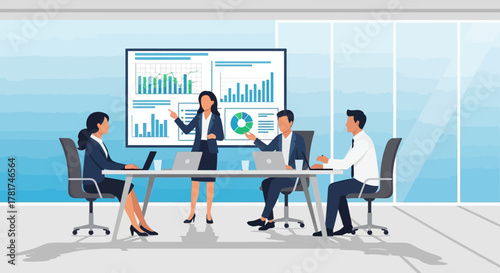 Business meeting with team presenting financial data and charts on large screen, showcasing corporate strategy and analysis