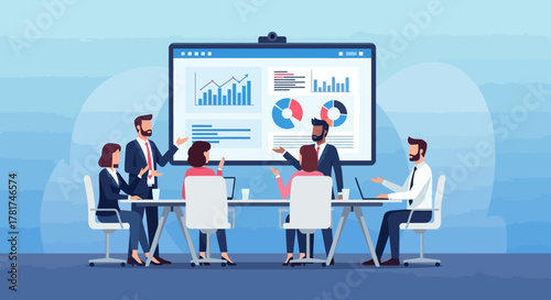 Diverse group professionals in modern office collaborating around table, discussing financial reports and business growth