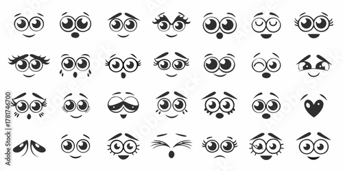 Collection of diverse cartoon eyes and mouths expressing various emotions and moods