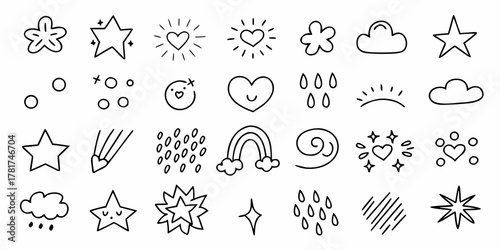 Collection of hand drawn doodle icons featuring stars hearts clouds raindrops and rainbows