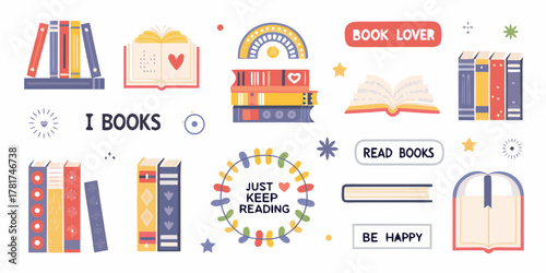 Collection of charming illustrated books and reading related quotes for book lovers and bibliophiles