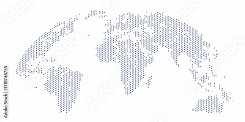 Abstract world map composed of numerous small blue dots on a white background representing global connection and data