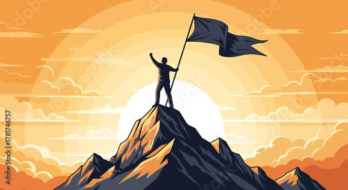Silhouette man standing on mountain peak, holding flag and celebrating success against vibrant sunset sky with clouds, symbolizing achievement and victory