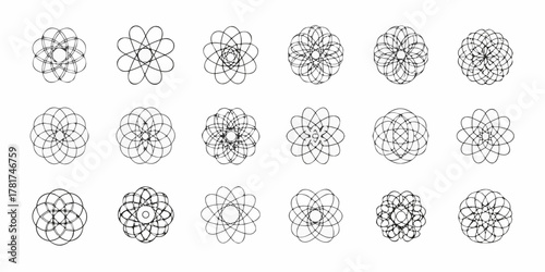 Collection of geometric sacred geometry patterns and mandalas in black and white line art style